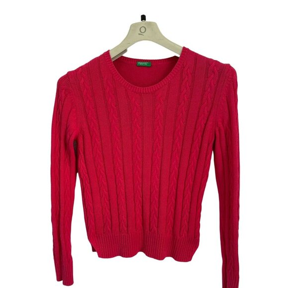UNITED COLORS Of BENETTON Cable Knitted Crewneck Cotton Red Raspberry Size Small - Picture 1 of 10